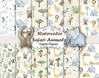 Watercolor safari animals, digital paper pack, kids seamless patterns, elephant, monkey, lion, giraffe, palm tree.