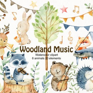 Animais da floresta, animais da floresta em aquarela, música, orquestra, clipart infantil, png.