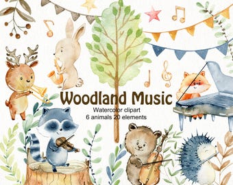 Woodland animals, watercolor forest animals, music, orchestra, kids clipart, png.