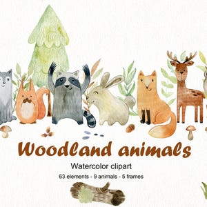 Aquarel bosdieren clipart, kinderkamerkunst, bosdieren, png, frames, bomen, bladeren, transparante achtergrond.