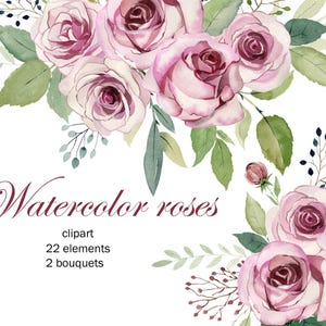 Watercolor Pink Roses Clipart, Flowers Png, Floral Wedding Clipart.