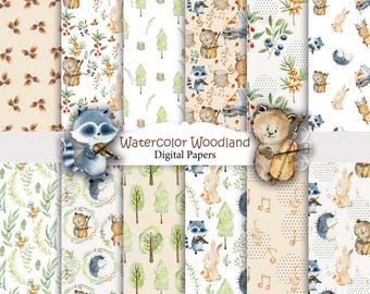 Animali della foresta, motivi acquerellati senza soluzione di continuità, carta digitale, scrapbooking, arte per la cameretta dei bambini, orchestra, musica.
