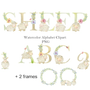 Alfabeto de ovejas en acuarela, letras PNG de lindos animales de granja, monograma de bebé y arte infantil + 2 marcos florales.