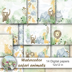 Watercolor safari animals, digital baby paper pack, elephant, monkey, lion, giraffe, hippo, leopard.