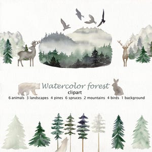 Clipart de bosque de acuarela, animales de silueta de acuarela, ilustración de paisaje, clipart png.