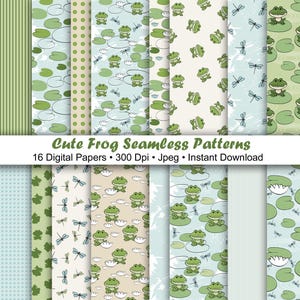 Peut inclure: Une collection de seize papiers numériques avec des motifs sans couture de grenouilles. Les motifs incluent des grenouilles sur des nénuphars, des libellules et des fonds verts et bleus. Le texte indique "Cute Frog Seamless Patterns".