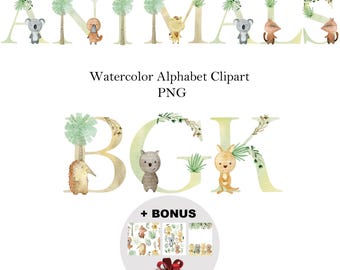 May include: Watercolor alphabet clipart with animals. The letters A, N, I, M, A, L, S, B, G, and K are illustrated with various animals, including a koala, a platypus, a kangaroo, a wombat, and an echidna. The letters are in a light yellow color with green foliage around them. The letters are part of a set of watercolor alphabet clipart with animals. The clipart is available as a PNG file. The image also includes a bonus set of four smaller images with different animal illustrations.