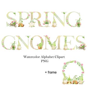 Alfabeto de gnomos de primavera, imágenes prediseñadas, letras y números de acuarela, corona de marco PNG, arte de iniciales de monograma.