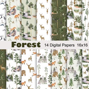 Carte per acquerelli raffiguranti foreste, carte per album di ritagli con animali, motivi senza soluzione di continuità, sfondi digitali, volpi, orsi.