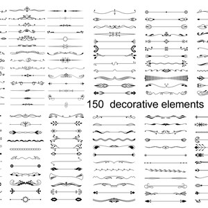 May include: A set of 150 black and white decorative elements, including lines, borders, and swirls. The elements are arranged in rows and columns on a white background. The text "150 decorative elements AI EPS" is at the bottom of the image.