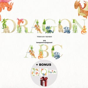 May include: Watercolour alphabet letters D, R, A, G, O, N, A, B, C with cute dragons in different colours and poses. The letters are in a light gold colour and the dragons are in shades of orange, blue, and green. The text "Watercolor Alphabet png transparent background" is below the letters. The text "+ BONUS" is below the letters with a circle containing three images of dragons in different poses.