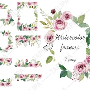 Watercolor rose frames PNG, 7 floral clipart borders, pink roses and greenery wreath for wedding invitations & cards.