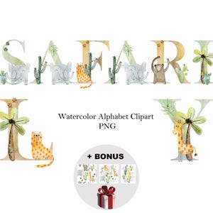 Alfabeto clipart de animales de safari en acuarela, letras y números personalizados digitales para niños, monograma inicial personalizable de género neutro.