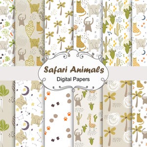 Cute safari animals papers, baby seamless patterns, jungle animals, scrapbook papers.