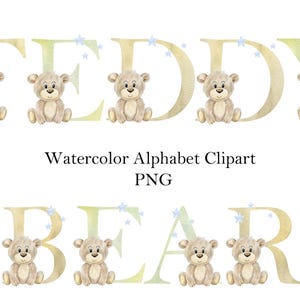 Lettres et chiffres de l'alphabet aquarelle ours en peluche - faire-part bébé garçon, initiales monogramme, fond transparent, décoration de chambre d'enfants.