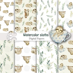 Aquarell Faultiere Papiere, Kinder Muster, Blätter, Scrapbook Papiere Packung.