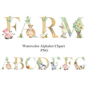 Alfabeto de animais de fazenda em aquarela, clipart fofo de letras e números, clipart em aquarela, criador de nomes, monograma, chá de bebê.