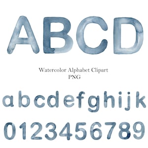 Aquarel donkerblauw alfabet, handgetekende letters en cijfers clipart, hoofdletters en kleine letters, monogram, png.