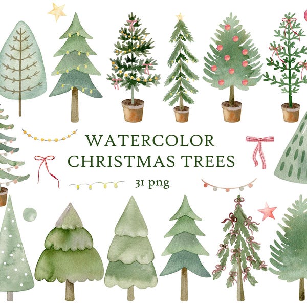 Watercolor christmas trees clipart png, digital art, new year clipart.