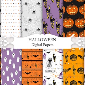 May include: A collection of twelve digital papers featuring Halloween themes including black bats, spiders on webs, orange jack-o'-lanterns, black cats, white ghosts, and witch hats. The text HALLOWEEN Digital Papers is centred in the middle.