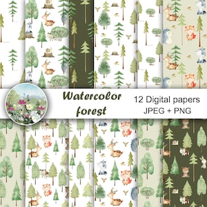 Watercolor forest animals papers pack, kids seamless patterns.