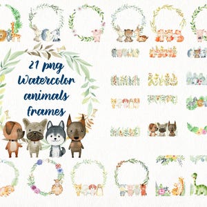 May include: Watercolor illustrations of animals and floral frames. The image features various animals like dogs, lions, and pigs, each within a decorative wreath. Text reads "21 png Watercolor animals frames."