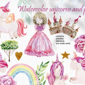 Watercolor unicorns clipart, princess, kids clipart, floral, castle, pink, png.