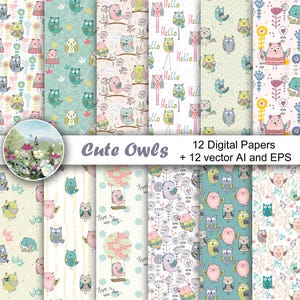 May include: A collection of 12 digital papers featuring colorful, whimsical owl designs. The patterns include owls on branches, with floral elements, and the text "Hello". The designs are in various pastel colors.