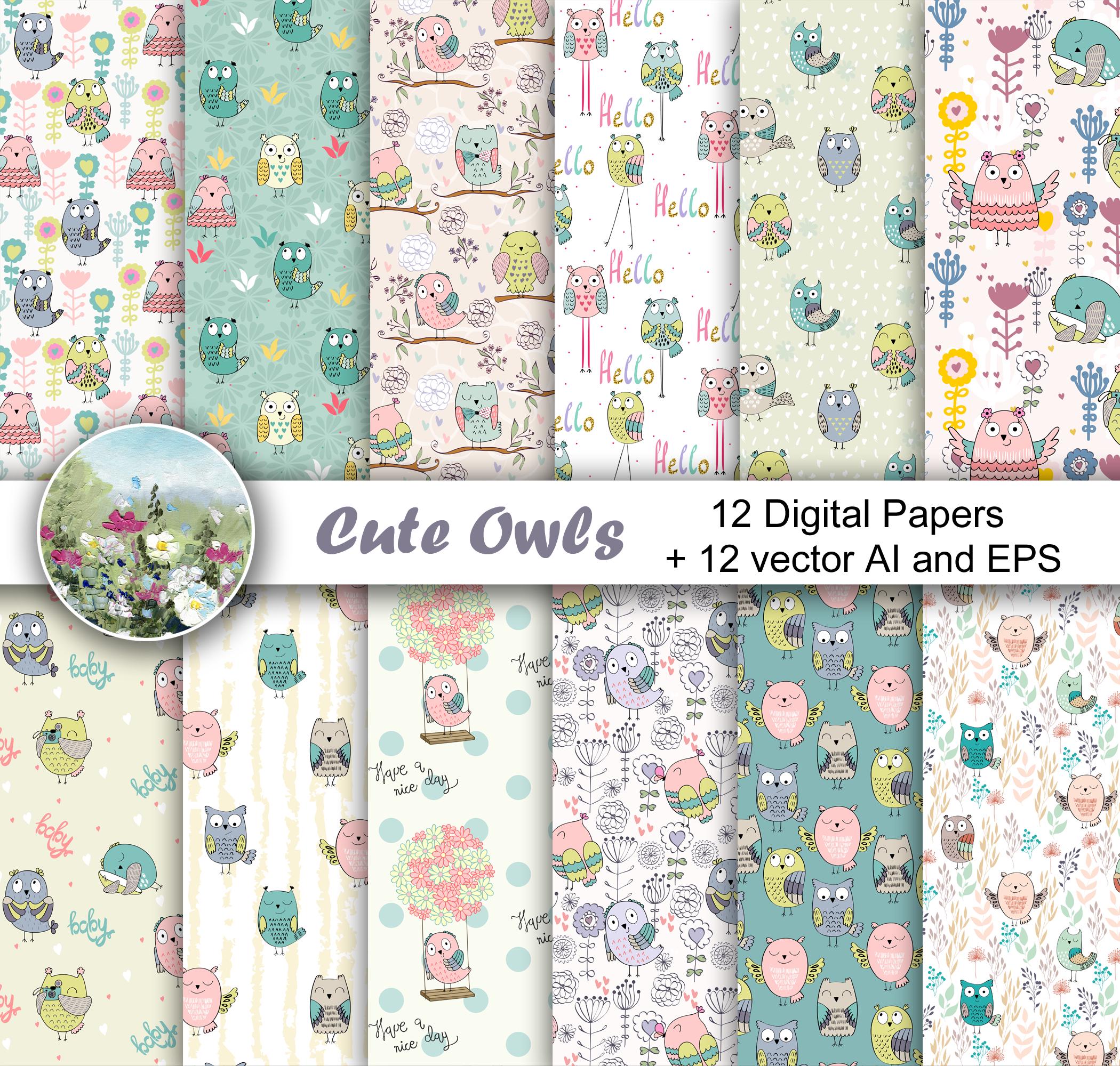 Vector owls papers, kids paper pack, birds seamless patterns, owl background.