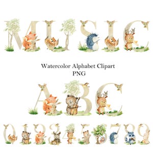 Alfabeto de animales del bosque de acuarela, clipart, letras y números lindos, monograma, creador de nombres, música, orquesta.