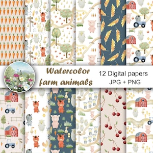 Carte acquerellabili raffiguranti simpatici animali da fattoria, modelli senza soluzione di continuità per bambini, carte per scrapbooking, maiale, mucca, pecora, asino, cavallo, download digitale.