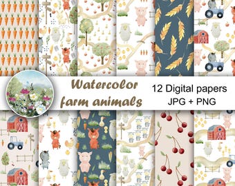 Watercolor cute farm animals papers, kids seamless patterns, scrapbook papers, pig, cow, sheep, donkey, horse, digital download.