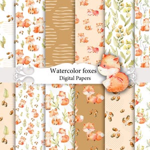 Watercolor foxes, forest animals papers, woodland animals, baby seamless patterns, kids scrapbook papers.
