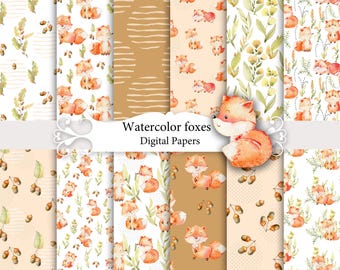 Patrones sin costuras de zorros en acuarela, papeles para álbumes de recortes con animales del bosque (descarga digital)