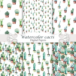 Papeles de cactus de acuarela, patrones florales sin costuras, paquete de papeles digitales, arte de scrapbooking.