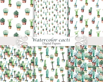 Watercolor cactus papers, floral seamless patterns, digital papers pack, scrapbooking art.