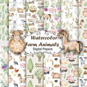 Watercolor farm animal digital papers, cute farmhouse, baby animals seamless patterns, scrapbooking, nursery art, kids crafts.