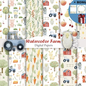 Könnte beinhalten: Eine Sammlung von Aquarell-Digitalpapieren mit Bauernhof-Thema. Die Papiere zeigen Illustrationen von Hoftieren, Traktoren, Scheunen, Bäumen und Gemüse. Der Text "Watercolor Farm Digital Papers" ist auf dem Bild zu sehen.