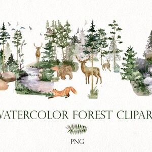 Clipart della foresta ad acquerello, animali del bosco, illustrazione del paesaggio, clipart delle foglie png.