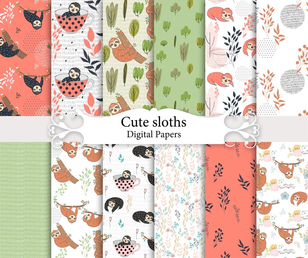 Sloth Digital Paper Cute Sloths Digital Paper Pack, Lazy Animal Seamless Patterns, Jungle ...