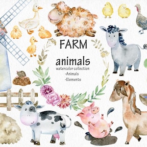 Aquarell Bauernhof Tiere Clipart, Kinder PNG Illustrationen, Kinderzimmer Kunst.