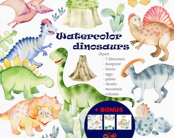Clipart de dinosaurios de acuarela, clipart para niños, animales bebés.