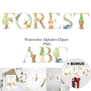 Puede incluir: Clipart de alfabeto en acuarela con la palabra "FOREST" y las letras A, B y C, cada una adornada con criaturas del bosque como osos, ciervos y zorros. Elementos adicionales incluyen un body de bebé, invitación y arte enmarcado.