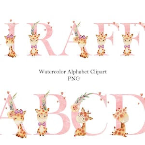 Alfabeto de girafas em aquarela para menina, letras e números clipart, clipart em aquarela, criador de nomes, monograma, chá de bebê.