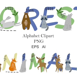 Alphabet d'animaux de la forêt mignons, lettres et chiffres de bébé, monogramme initial de vecteur, png, décoration de chambre d'enfants.