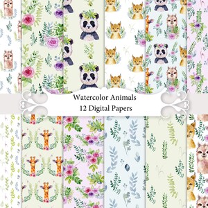 Animaux de safari à l'aquarelle, paquet de papier numérique, motifs sans couture pour enfants, panda, girafe, lynx roux, lama, feuilles.