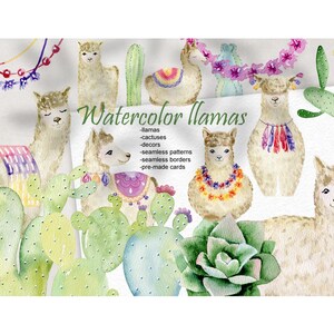 May include: Watercolor illustration featuring several llamas with colorful decorations, surrounded by cacti and succulents. The image includes the text "Watercolor Llamas" and lists related items such as seamless patterns and pre-made cards.