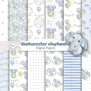 Aquarel olifanten, dierenpapier, naadloze babypatronen, digitaal plakboek, blauwe babyjongen.