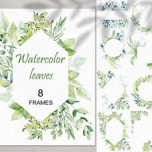 Molduras de aquarela, clipart, convites com folhas, decoração floral elegante, png.