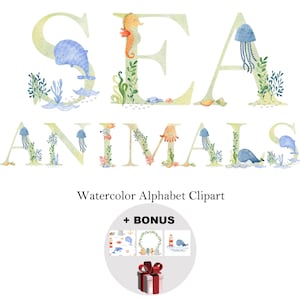 海の動物のアルファベット、水彩画の文字と数字。